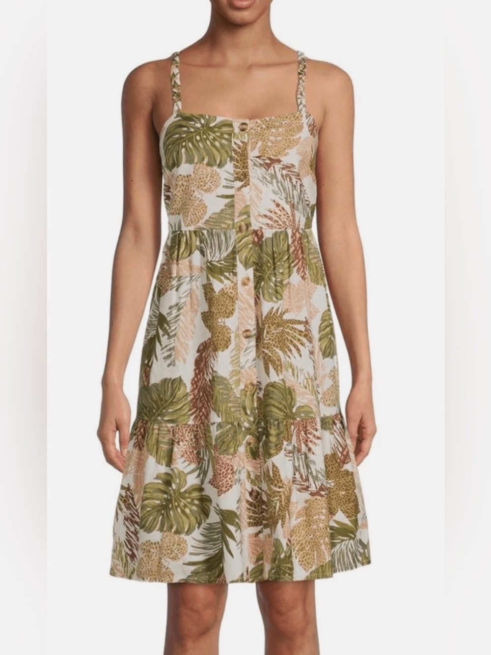 beachlunchlounge Olive and Cream Tropical Print Midi Dress